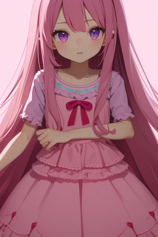 10 year old girl long pink hair with candy decorations pale pink skin purple eyes wearing a pink shirt and red skirt candy decorations on her clothes looking straight at the viewer pale pink background