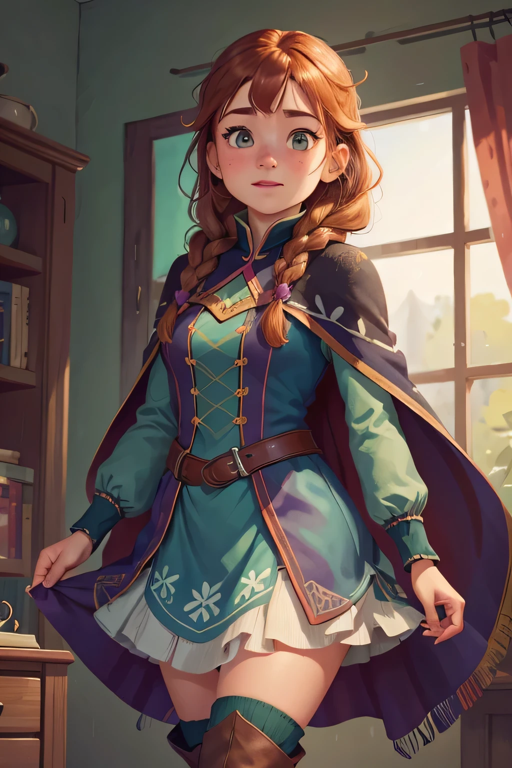 Create a close-up portrait in 4K resolution of Anna from Disney's Frozen with a blank background. The portrait should capture her iconic features: her long auburn hair styled in two braids, her expressive blue-green eyes, and her warm, spirited expression with freckles on her cheeks. Anna should be wearing her classic winter outfit, which includes a purple cape, blue dress, and black bodice with floral patterns, along with her black boots. The background should be completely blank (white or a solid color) to keep the focus on Anna. The lighting should be bright and cheerful, highlighting her adventurous and optimistic personality without any distractions.