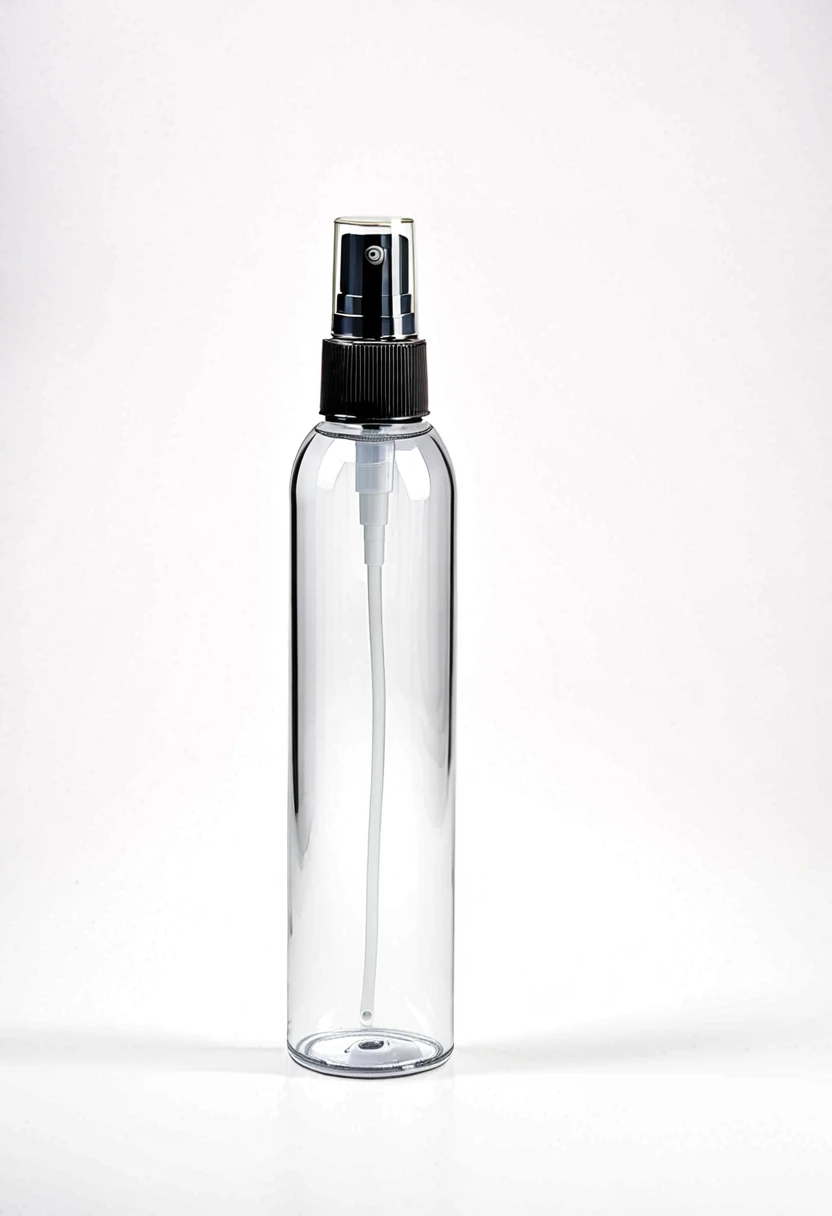 Mist spray bottle, black cap, unclear container, magazine, cosmetic, studio photo, real, white background