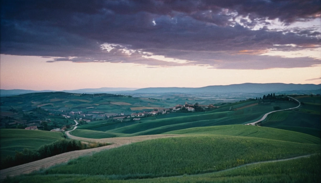 A stunning photograph capturing the essence of an Italian countryside at dusk. The scene features rolling hills, fields, and a winding country road leading to a quaint village in the distance. Crepuscular LIGHTING,in the style of zeiss ikon zm, cluj school, analogue filmmaking, fujifilm provia 400x, luminous shadows, renaissance-inspired chiaroscuro, minimalist backgrounds - HDRI.