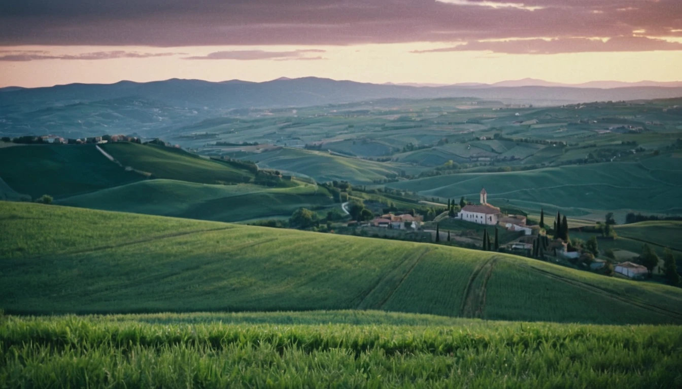 A stunning photograph capturing the essence of an Italian countryside at dusk. The scene features rolling hills, fields, and a winding country road leading to a quaint village in the distance. Crepuscular LIGHTING,in the style of zeiss ikon zm, cluj school, analogue filmmaking, fujifilm provia 400x, luminous shadows, renaissance-inspired chiaroscuro, minimalist backgrounds - HDRI.