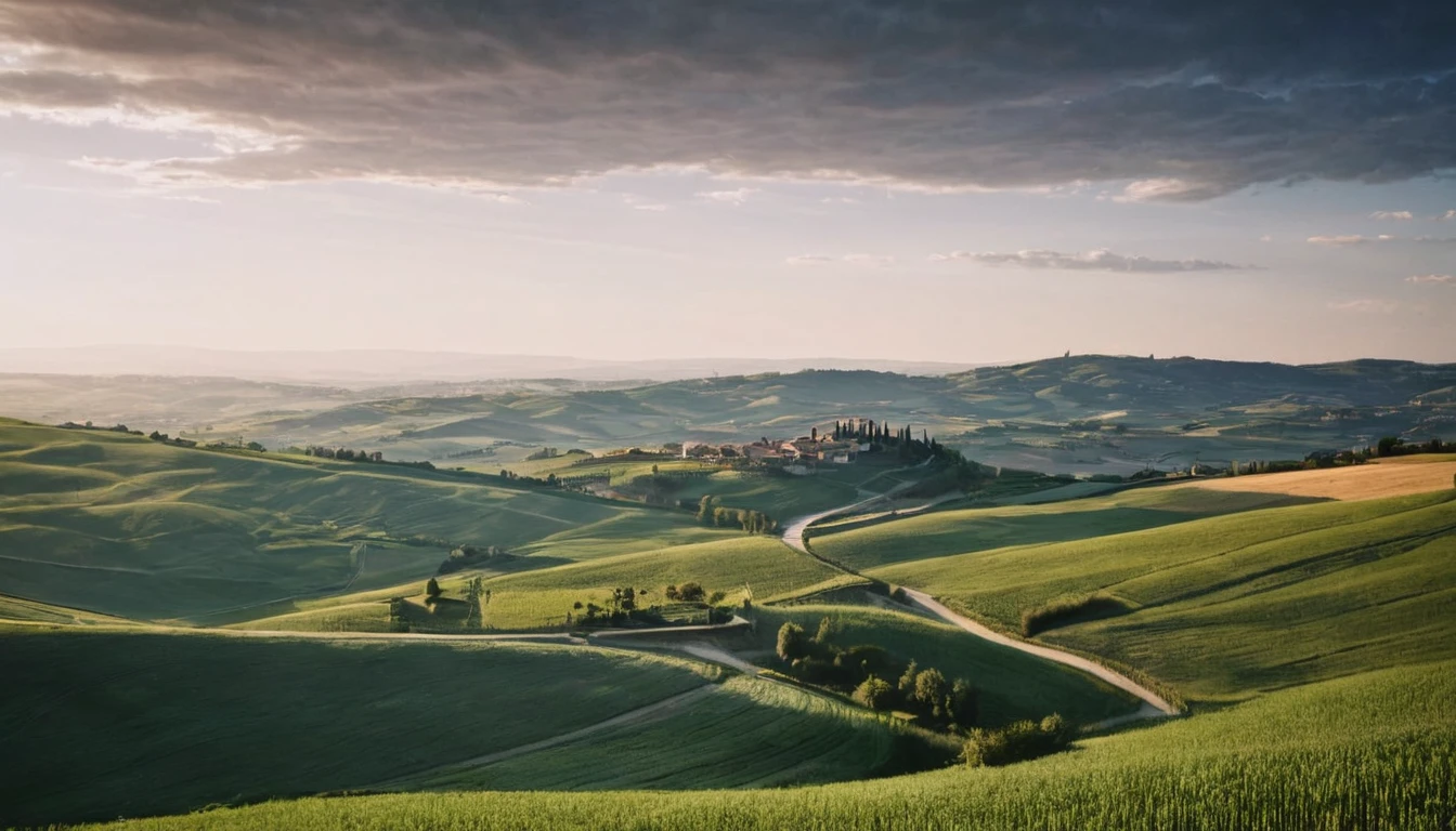 A stunning photograph capturing the essence of an Italian countryside at dusk. The scene features rolling hills, fields, and a winding country road leading to a quaint village in the distance. Crepuscular LIGHTING,in the style of zeiss ikon zm, cluj school, analogue filmmaking, fujifilm provia 400x, luminous shadows, renaissance-inspired chiaroscuro, minimalist backgrounds - HDRI.