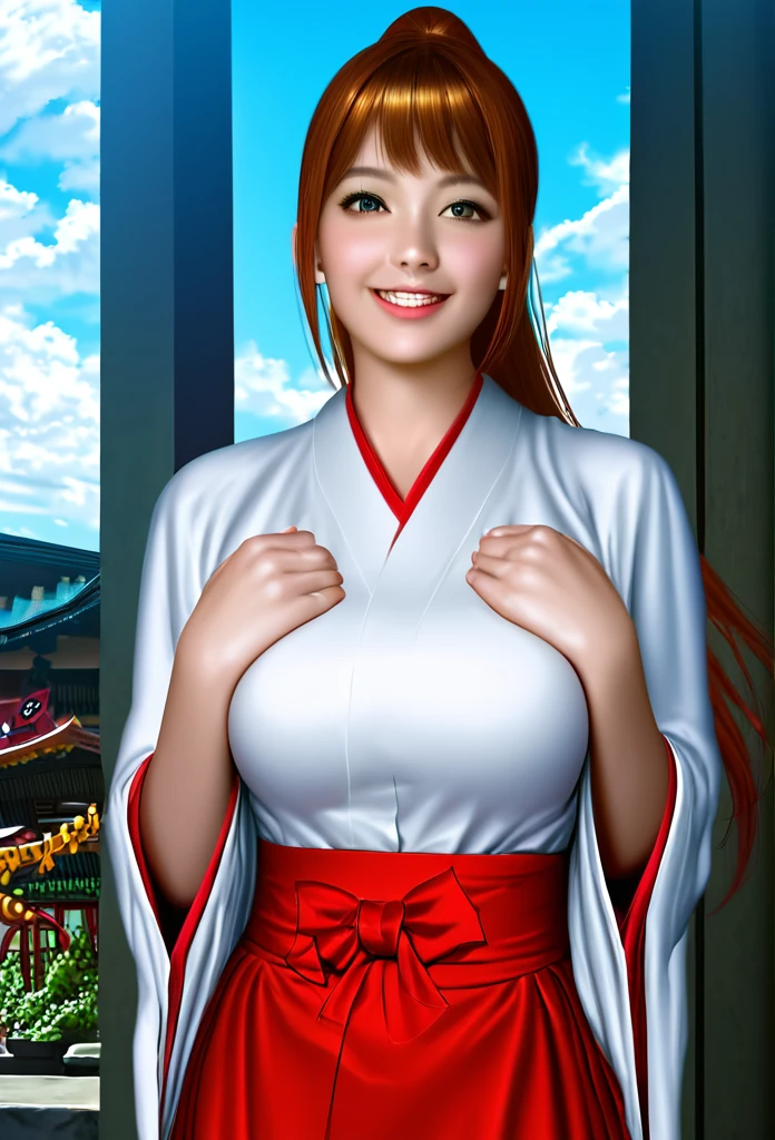 Shrine grounds, Clear sky with white clouds, Miko costume, Blur the background,high school girl,Big Breasts,ponytail,smile,Glitter effect,Highest quality, 8K, High resolution, masterpiece:1.2, Very detailed, Realistic:1.37, High resolution, 超High resolution, Ultra-fine painting, Very detailed, Professional, Vibrant colors