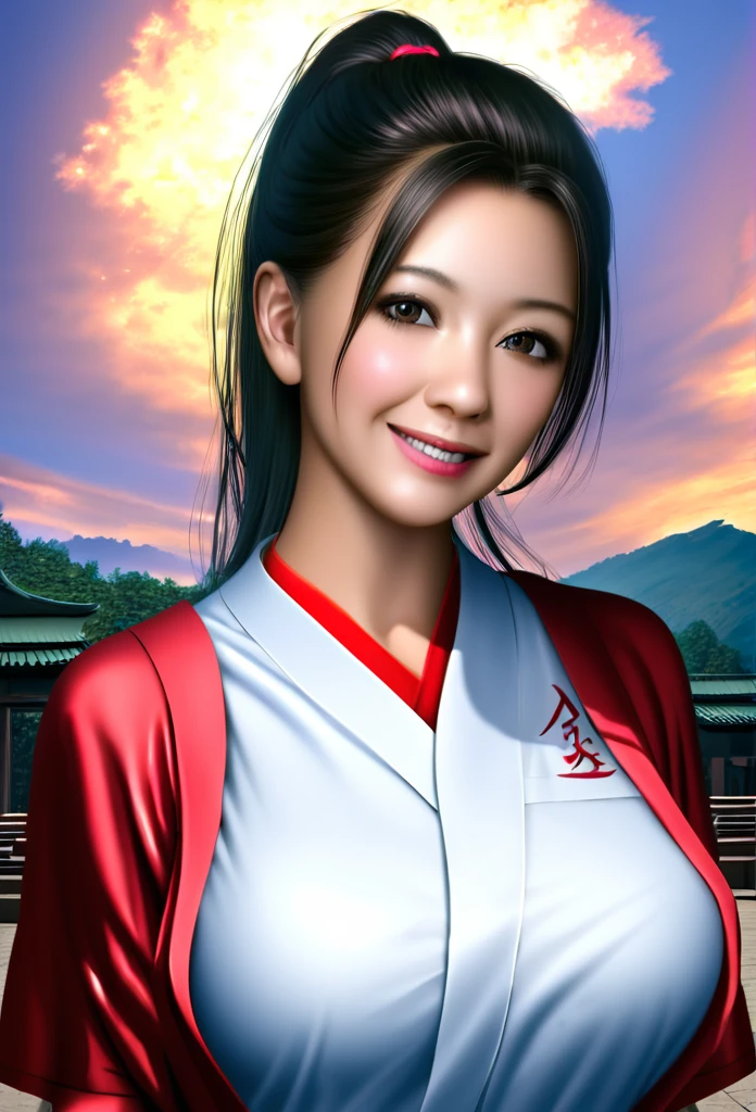 Shrine grounds, Clear sky with white clouds, Miko costume, Blur the background,high school girl,Big Breasts,ponytail,smile,Glitter effect,Highest quality, 8K, High resolution, masterpiece:1.2, Very detailed, Realistic:1.37, High resolution, 超High resolution, Ultra-fine painting, Very detailed, Professional, Vibrant colors