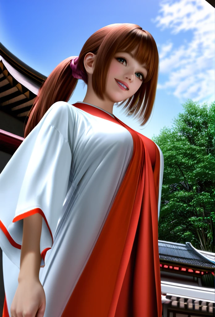 Shrine grounds, Clear sky with white clouds, Miko costume, Blur the background,high school girl,Big Breasts,ponytail,smile,Glitter effect,Highest quality, 8K, High resolution, masterpiece:1.2, Very detailed, Realistic:1.37, High resolution, 超High resolution, Ultra-fine painting, Very detailed, Professional, Vibrant colors