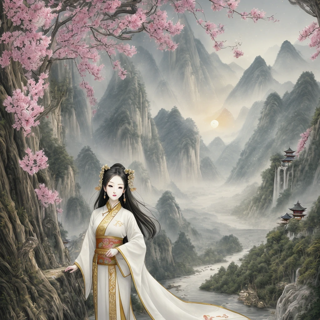 Ancient Chinese Ornate Embroidery Silk Art,Chinese,Chinese Zen Tea Culture and Art,ancient china art style,Fresh color tone,There are several white orchids in a white jade vase,gold embroidery,In line with ancient Chinese aesthetics,(tmasterpiece,high high quality,Highest image quality),wealthy,Noble,China-style,National style beauty,Gold and jade embellishments,The background the setting sun,The scenery of great rivers and mountains in auspicious clouds,Ink blending,Light particle effects,Large game CG scenes,Oriental aestheticagnificent and majestic momentum,Auspicious and festive meaning,otherworldly atmosphere,Stunning graphics,Sophisticated details,Large commercial advertising style,Classical Chinese art,high-definition image,16k,Background bokeh,Deep view,OC rendering,Breathtakingly beautiful,majestic beauty,Quiet and elegant art,HD digital art,Gorgeous and exquisite illustrations,Chinese elements,The perfect combination of fantasy and reality,Rich picture layering,light painting blooming,light particle rendering,hyper realisitc,Bright, romantic and beautiful light,soft warm light,beautiful art,Ultra HD 8K,amazing beautiful wallpaperackground artwork,8K detailed painting, 8k high definition wallpaper illustration,high detailed digital art