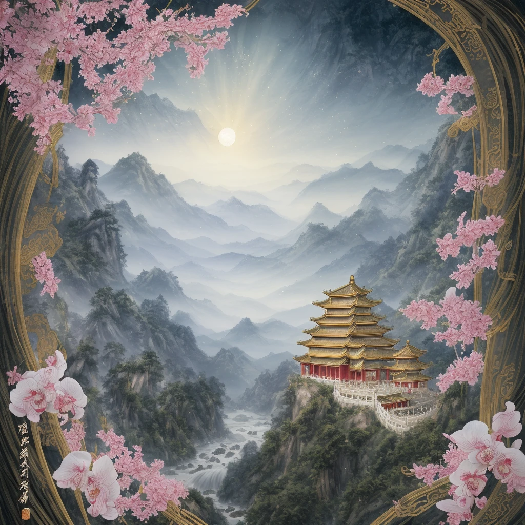 Ancient Chinese Ornate Embroidery Silk Art,Chinese,Chinese Zen Tea Culture and Art,ancient china art style,Fresh color tone,There are several white orchids in a white jade vase,gold embroidery,In line with ancient Chinese aesthetics,(tmasterpiece,high high quality,Highest image quality),wealthy,Noble,China-style,National style beauty,Gold and jade embellishments,The background the setting sun,The scenery of great rivers and mountains in auspicious clouds,Ink blending,Light particle effects,Large game CG scenes,Oriental aestheticagnificent and majestic momentum,Auspicious and festive meaning,otherworldly atmosphere,Stunning graphics,Sophisticated details,Large commercial advertising style,Classical Chinese art,high-definition image,16k,Background bokeh,Deep view,OC rendering,Breathtakingly beautiful,majestic beauty,Quiet and elegant art,HD digital art,Gorgeous and exquisite illustrations,Chinese elements,The perfect combination of fantasy and reality,Rich picture layering,light painting blooming,light particle rendering,hyper realisitc,Bright, romantic and beautiful light,soft warm light,beautiful art,Ultra HD 8K,amazing beautiful wallpaperackground artwork,8K detailed painting, 8k high definition wallpaper illustration,high detailed digital art