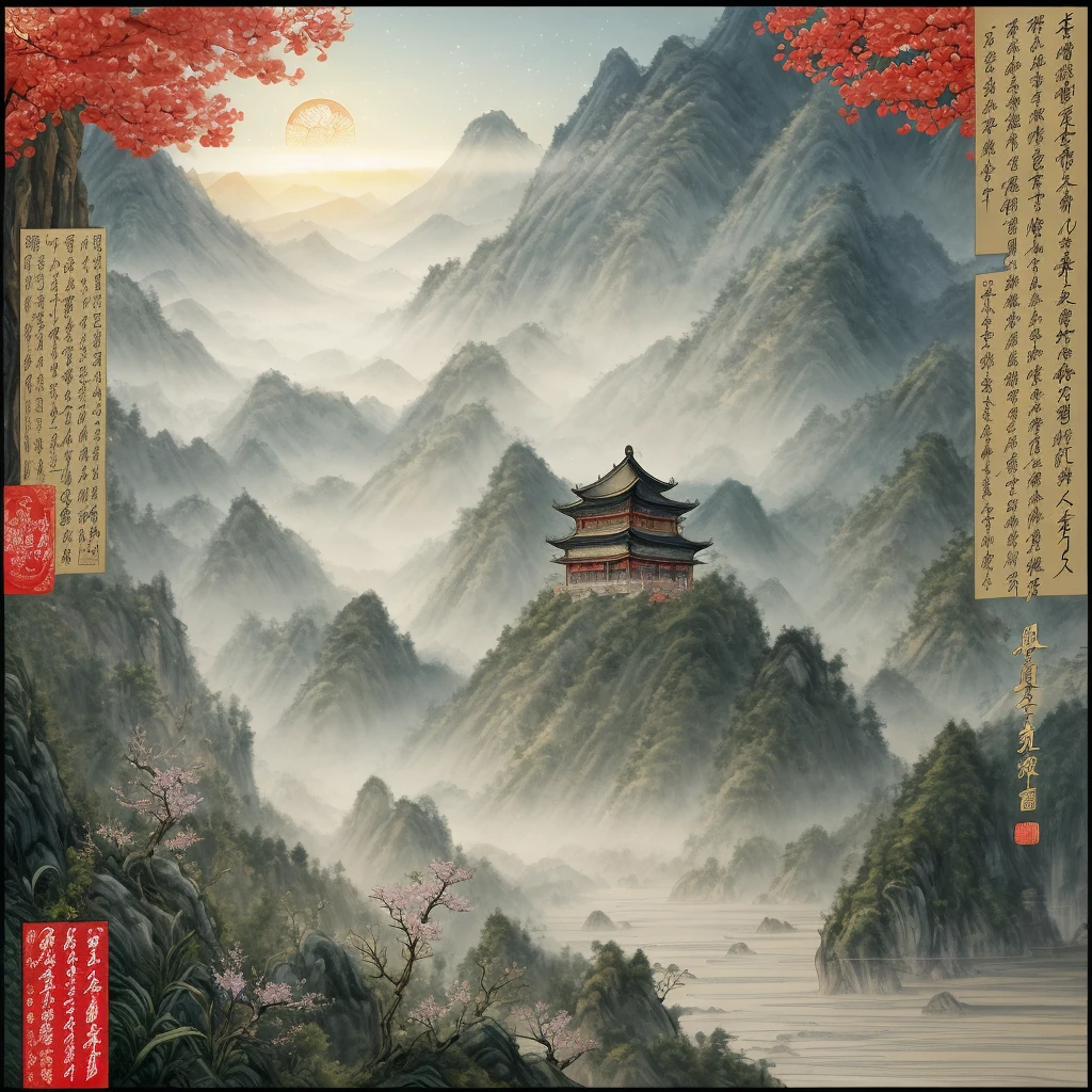 Ancient Chinese Ornate Embroidery Silk Art，Chinese，Chinese Zen Tea Culture and Art，ancient china art style，Fresh color tone，There are several white orchids in a white jade vase，gold embroidery，In line with ancient Chinese aesthetics，（tmasterpiece，high high quality，Highest image quality），wealthy，Noble，China-style，National style beauty，Gold and jade embellishments，The background  the setting sun，The scenery of great rivers and mountains in auspicious clouds，Ink blending，Light particle effects，Large game CG scenes，Oriental aestheticagnificent and majestic momentum，Auspicious and festive meaning，otherworldly atmosphere，Stunning graphics，Sophisticated details，Large commercial advertising style，Classical Chinese art，high-definition image，16k，Background bokeh，Deep view，OC rendering，Breathtakingly beautiful，majestic beauty，Quiet and elegant art，HD digital art，Gorgeous and exquisite illustrations，Chinese elements，The perfect combination of fantasy and reality，Rich picture layering，light painting blooming，light particle rendering，hyper realisitc，Bright, romantic and beautiful light，soft warm light，beautiful art，Ultra HD 8K，amazing beautiful wallpaperackground artwork，8K detailed painting, 8k high definition wallpaper illustration，high detailed digital art