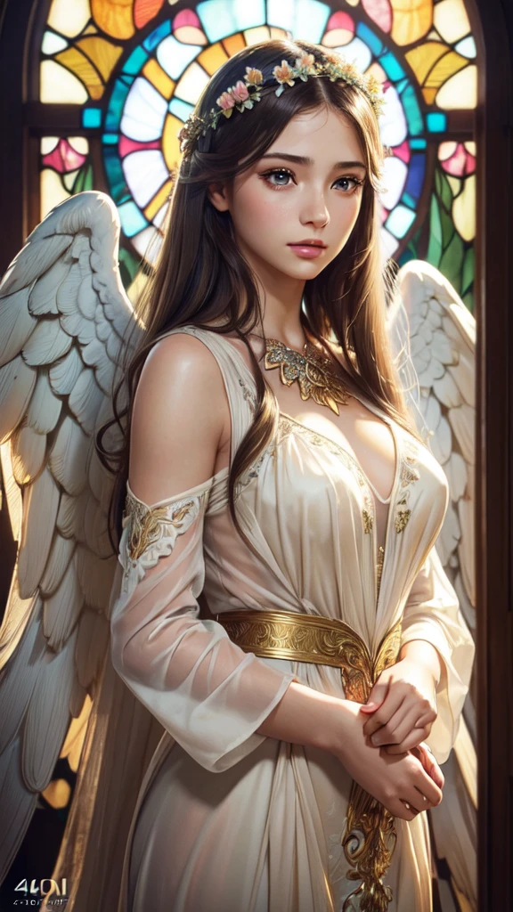 realistic,photorealistic,photo-realistic:1.37,best quality,4k,8k,highres,masterpiece:1.2,ultra-detailed,vibrant colors,stained glass,beautiful vintage angel woman,frontal face,front face,front view,determined expression,(large open angel wings:1.1),Alphonse Mucha style,intricate floral background,warm tones,soft lighting,1girl