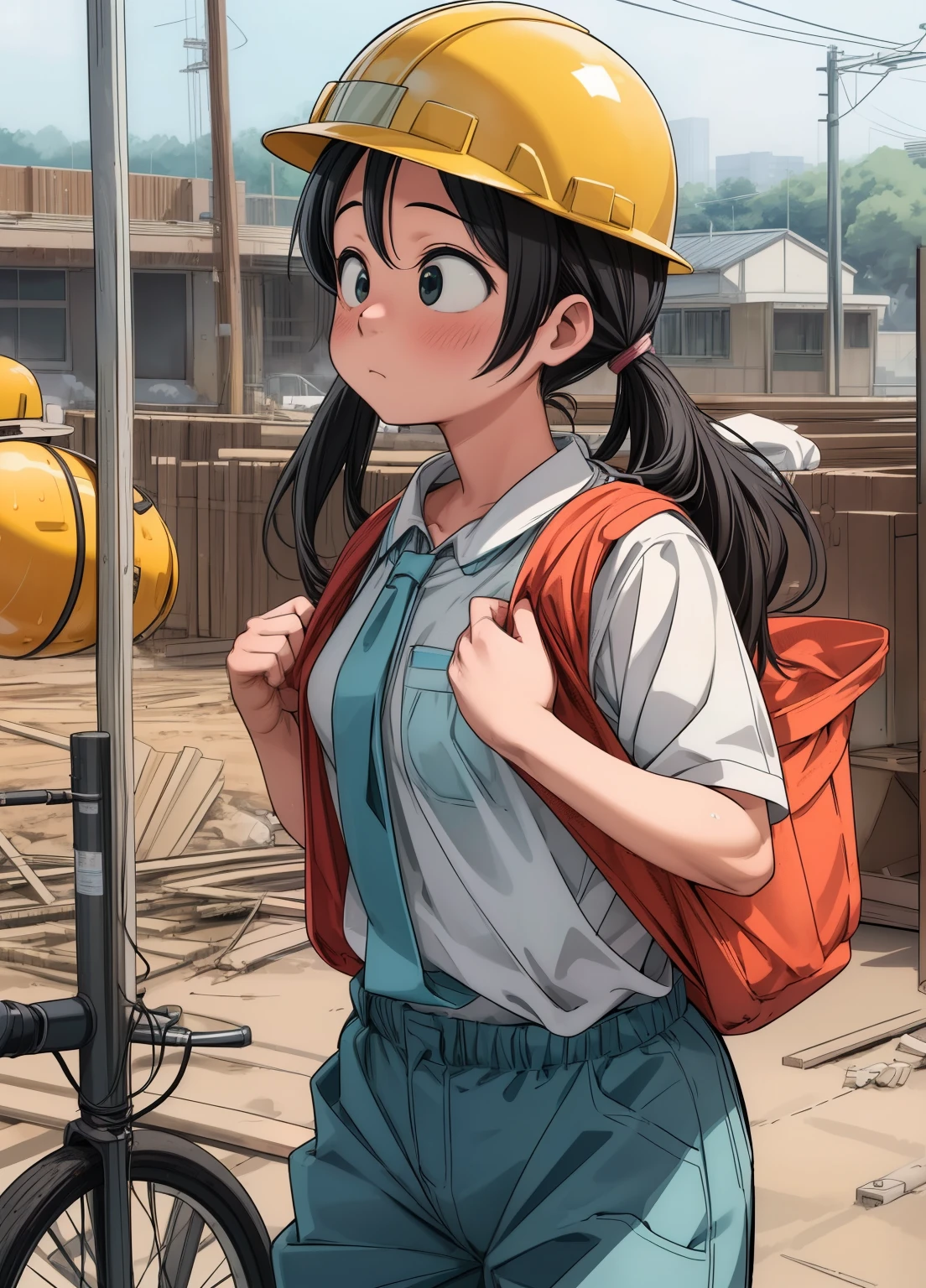 (masterpiece、Highest quality、Highest quality、Official Art、Beautiful and beautiful:1.2)、(One girl:1.3)Hatsune Miku、Twin tails,Beautiful breasts,Wearing a helmet、Safety helmet、Yellow Helmet、Gaten、Nikkapokka、Baggy trousers、construction、architecture、steel frame、Work clothes、construction現場で働く女の子、construction現場、towel、Strong man、carry heavy loads、safety first