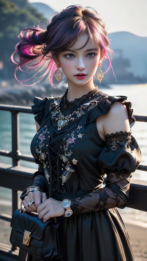 dress a beautiful girl with a perfect figure in something nice, made of available materials (((silk), (canvas, nylon), latex, leather, lacy, [lace-up], (((jewelry:1.4))), chain, bracelets, steel, pendants, ((earrings)), ([glasses], sunglasses, handbag, phone, everyday items))), ((I encourage you to choose the right background for your phenomenally drawn creation)), (((Random hair color, hairstyle:1.4))), ((experiment, combine complex, multi-layered materialperiment with Armor and delicate materialperiment with the entire palette of colors and shadows)), ((anatomically correct:1.4)), ((perfect proportions:1.4)), (Increase quality:1.4), (best quality real texture skin:1.4), ( (photorealistic:1.55), (raw, 8K:1.2), (hyper realistic), (最high quality, 8K, 16K, table top, Ultra HD), (masterpiece:1.3) ), ((ultra sharp fous)), (((backlighting:1.25))), (super beautiful face:1.6)、(super detailed face:1.5)、(detailed eyes:1.2)、(detailed lips:1.32)、(Detailed nose:1.25)、Attention to detail, Double eyelids, full bodyesbian, and if you want, you are standing, kneeling, Sitting astride a chair, ((random facial expression)), (medium Contrast), (muted colors), long leg, medium ass, ((layer cut: 1.2)), ((Brightly colored clothing)), ((Lively,Active,vivaciousness)), (Erotic:1.6), (((fullcolored long dress:1.33))), (Look sideways, look up, look down), ((ultra sharp focus)), ((black_eyeshadows:1.4))、 (very dark dark red_lipstick:1.42)、(perfect round eyes)、 (brown_eyes:1.33)、 black_makeup:1.35、((very intricate design of epic long lace-up dress:1.32)), ( (beach night), (the stars are shining), (night), ((wind in your hair)) ), (firm normal full breasts:1.1), (looking at viewer), ((wide shot, sideways)), 