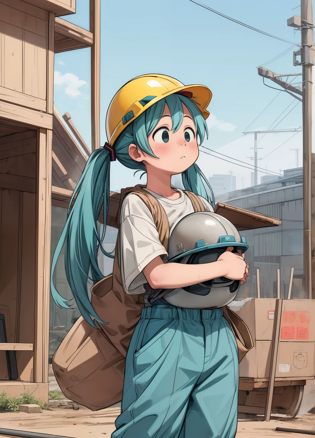 (masterpiece、Highest quality、Highest quality、Official Art、Beautiful and beautiful:1.2)、(One girl:1.3)Hatsune Miku、Twin tails,Beautiful breasts,Wearing a helmet、Safety helmet、Yellow Helmet、Gaten、Nikkapokka、Baggy trousers、construction、architecture、steel frame、Work clothes、construction現場で働く女の子、construction現場、towel、Strong man、carry heavy loads、safety first