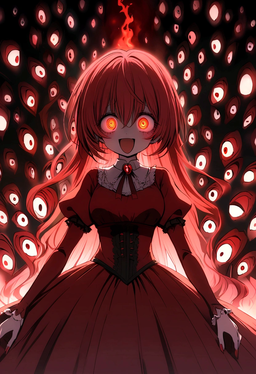 Too many Crazy eyes laughing Yandere Crazy anime girl. Looking. Red Shining eyes.