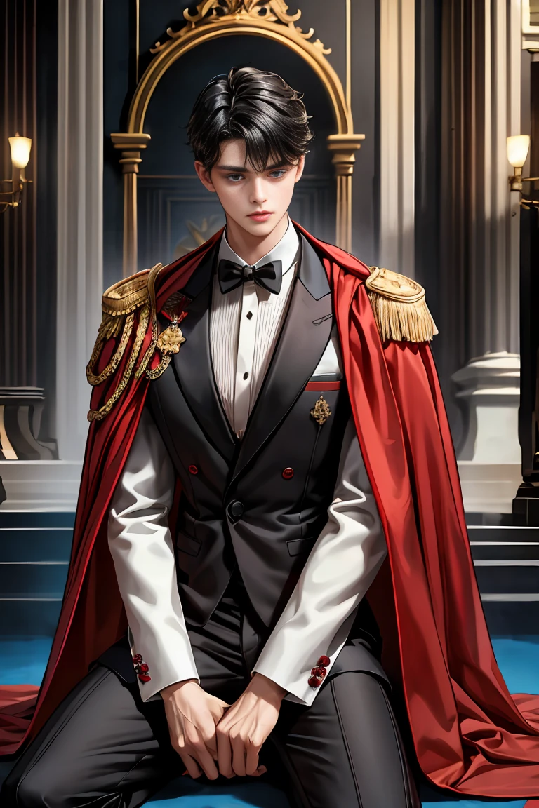 masterpiece, 最high quality, high quality, 1 boy, alone, Male focus, Watching the audience, Messy black hair, Adorable big blue eyes, White people, Noble, Noble,Sexy voluminous black and red cape、Tuxedo、A very voluminous, large, very large, very large, long, long red and black cape with a high stand-up collar, reaching down to the floor, made of a lot of fabric., 17 years old,Cute beautiful boys,Cute, cute, kind, handsome guy
