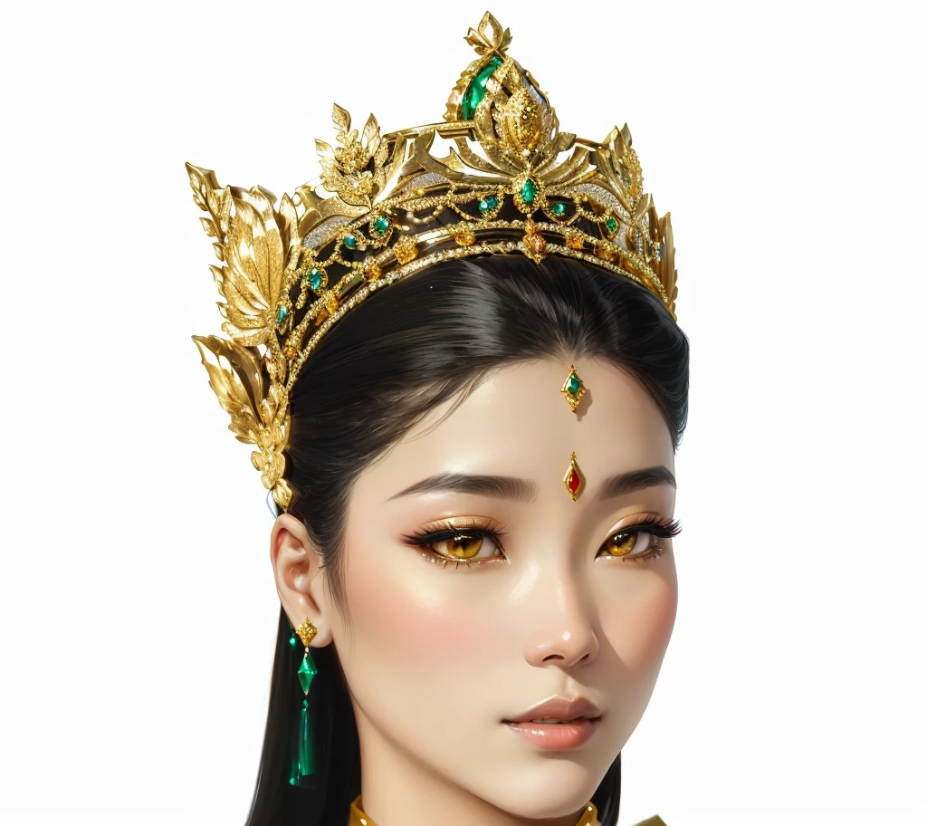 arafed woman wearing a gold crown and emerald earrings, a beautiful fantasy empress, ancient asian dynasty princess, ((a beautiful fantasy empress)), ancient Cambodian princess, detailed face of a asian girl, gilded lotus princess, Cambodian empress, Cambodian princess, wearing golden crown, beautiful render of tang dynasty, beautiful oriental woman, inspired by Meas Soksophea, goddess. extremely high detail