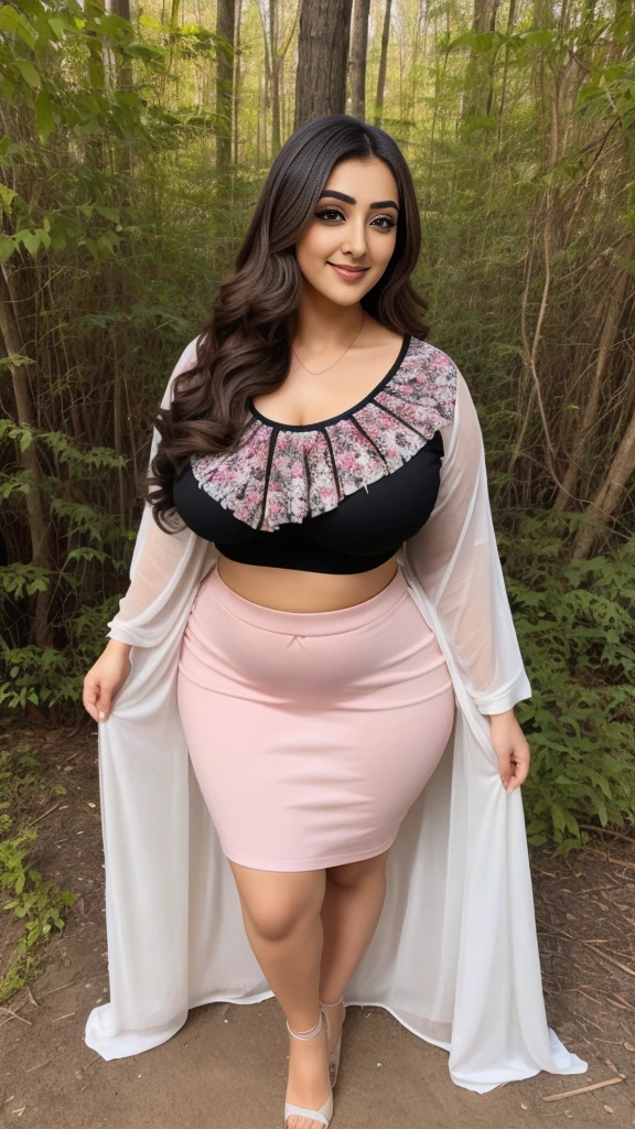 monali thakur Indian beautiful actress curvy plus size hour glass bulky huge figure woman, closeup camera view, big huge m-cup breast, wearing SHEIN EZwear Casual And Simple Cherry Printed Plus-Size Women's T-Shirt With Crew Neck, Summer Fit Color: pink, white  , covered Bust , elegant standing position, eye contact view, different style hairstyle, bright eyes, thin eyebrows, fair skin, blushing cheeks, prefect head to toe view, full body, and expansive views, ideal for high-fashion or editorial shoots, ultra realistic skin texture, head to toe view, full body shot, full body view, smile face, black hair, Indian face, perfect skin tone light, ultra realistic skin texture, bigger waist, busty, big hips, fleshy thighs, thick thighs, busty, full body view, Nature Scene: Forest, beach, or meadow backdrop.