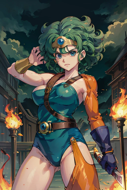 anime artwork  anime artwork masterpiece,best quality, unreal engine, ultra res, extremely detailed
ROUND BREASTS, medium BREASTS
1girl,  waist, slender,(muscular:0.9)
 HEROINE, 
CIRCLET, CURLY HAIR, GREEN HAIR, SHORT HAIR, ASYMMETRICAL CLOTHES, LEOTARD, BELT, SINGLE GLOVE, SINGLE SLEEVE, SINGLE THIGHHIGH
cave, holding sword, . anime style, key visual, vibrant, studio anime,  highly detailed.be enveloped in flames.fall on one's knees.Leotard is worn out.She can barely stand and supports herself with a sword.be on the verge of death.There are scratches all over my body.