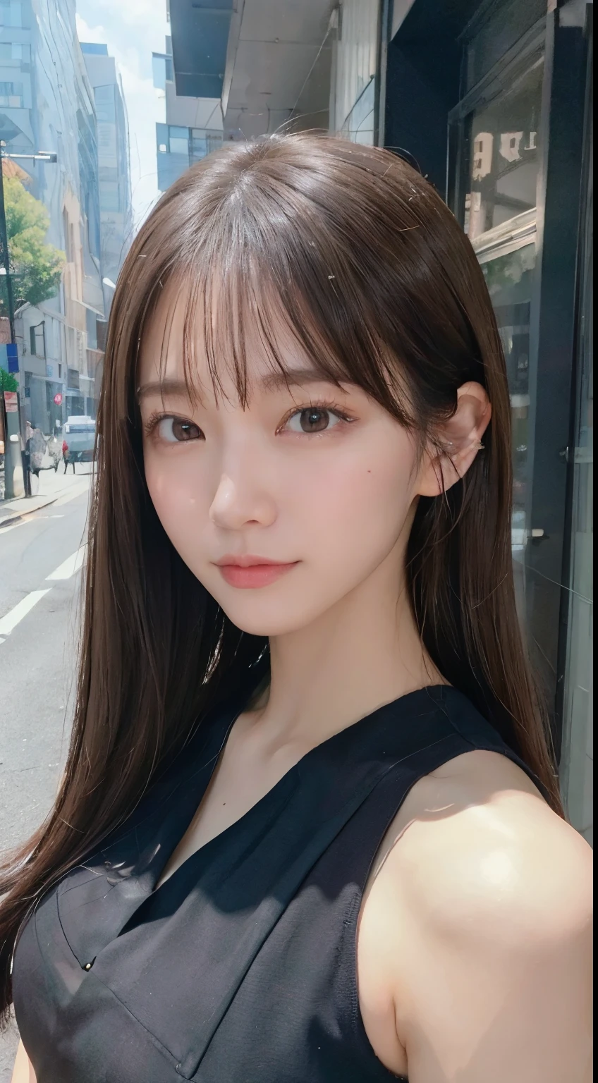 ((best quality, 8K, masterpiece :1.3)), whole body, Clear focus: 1.2, Perfect body beauty: 1.4, Slim abs: 1.2, ((Dark brown hair, : 1.2)), Vest Dress: 1.1, (street: 1.1), Highly detailed face and skin textures, Delicateeyes, Double eyelids