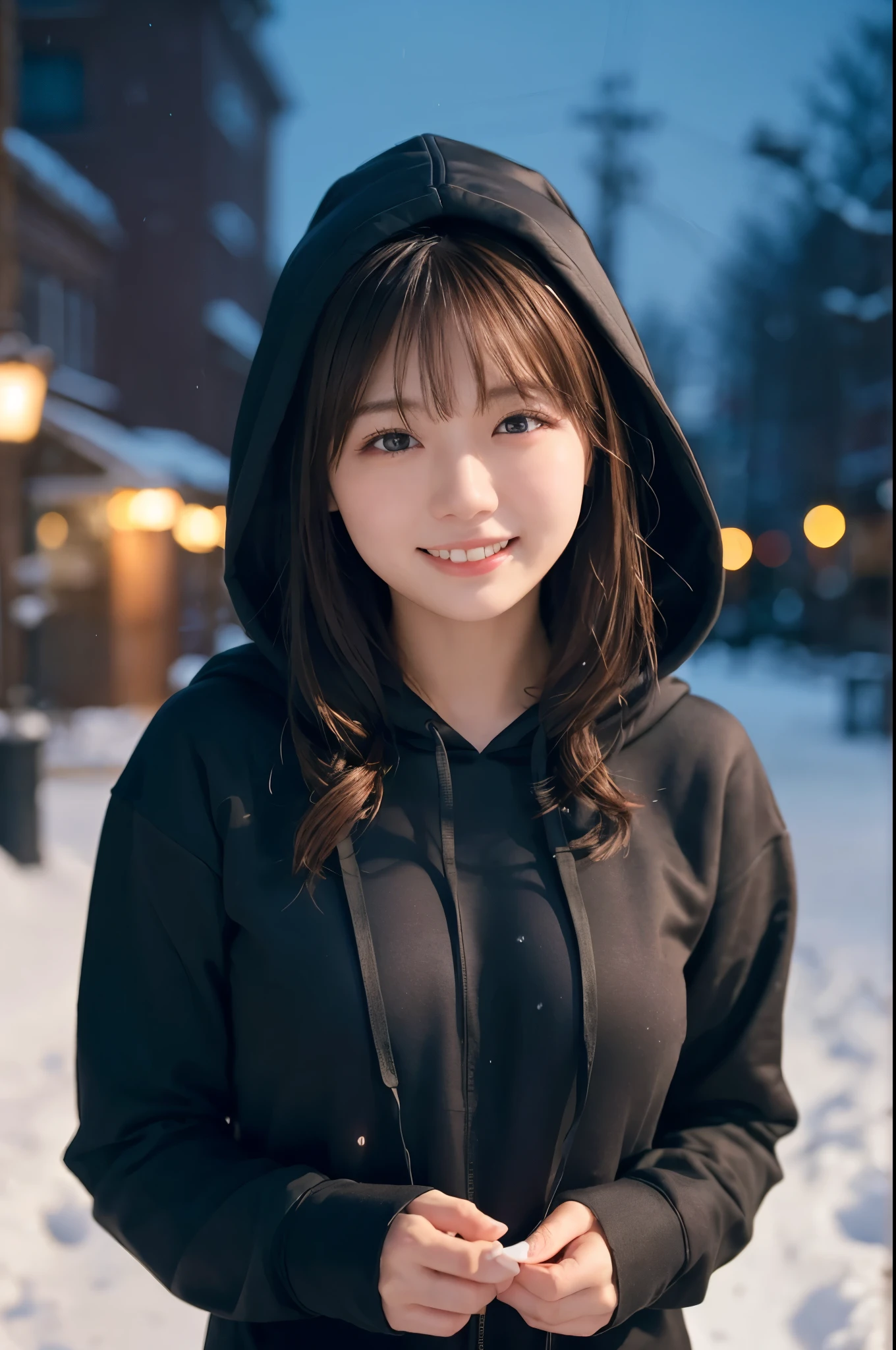 1 girl, (Wear a black hoodie:1.2), (original photo, highest qualThaty), (Practical, Practical:1.4), On the table, Very refined, Very detailed, 2k wallpapers, wonderful, Finely, Very detailed CG UnThaty 8K 壁紙, Very detailed, high resolution, Soft Light, Beautiful and delicate girl, Very detailed目と顔, Beautiful and delicate nose, Finelyて美しい目, Cinema Lighting, Illuminations That light up the cThaty on a snowy night, Snow Scene, That&#39;That&#39;That&#39;it&#39;Snowing, Snowflakes fall on my hair, Perfect anatomical structure, slim body, Very nervous, 
Straight half-length hair, Bangs, Looking at the audience, Smile、Plush scarf