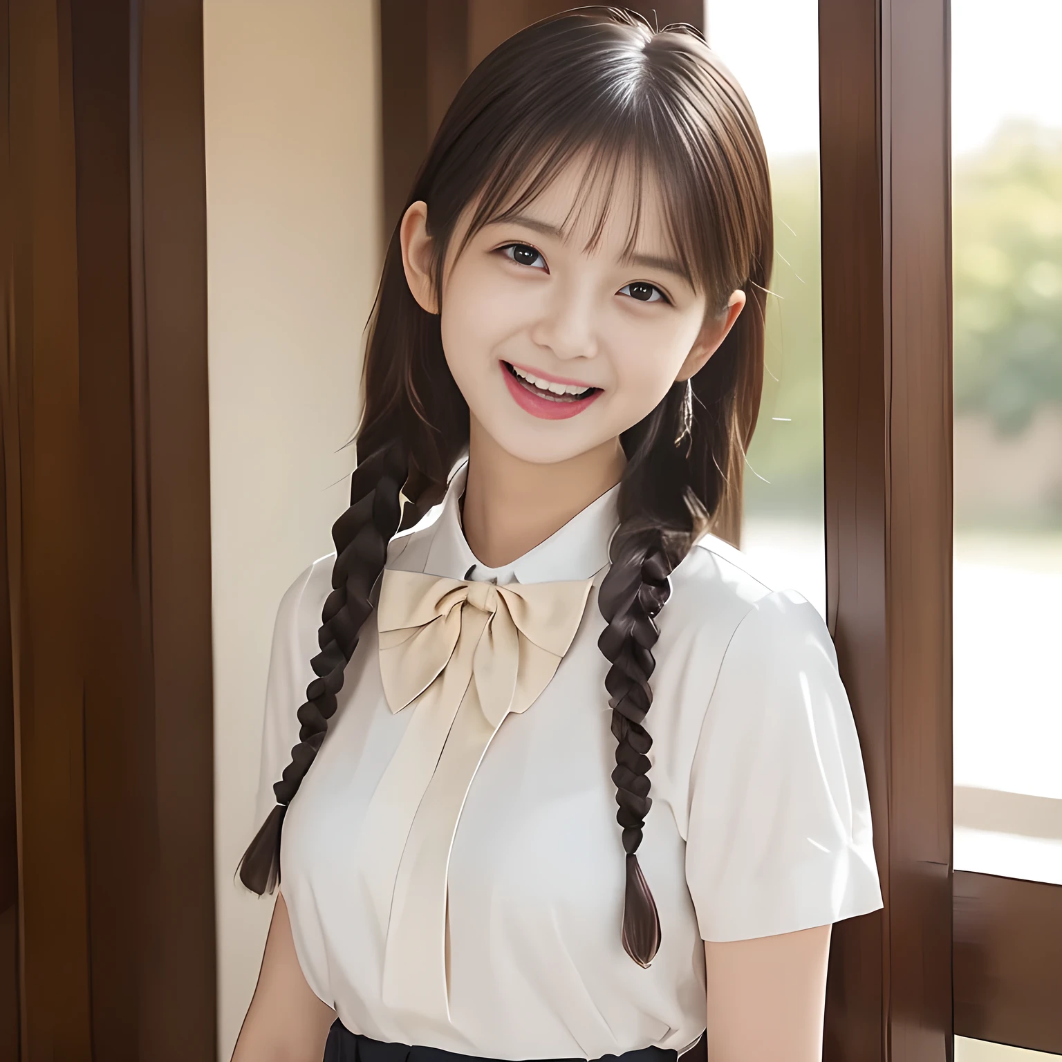 (highest quality, masterpiece:1.2), highest quality, High resolution, 1080P, 8K, Height: 158cm, ((A very intelligent, very noble, pretty and neat Japanese beautiful girl fashion model. Looking at the audience. Realistic fashion model)), ((((White face with plump cheeks)))), Glossy lips, (Evenly cut bangs), ((Very beautiful dark eyes)), The very large, shiny, wide red ribbon bow-tie on her chest is very cute., ((Black Hair)), ((long twin braids)), (((Cream colored blouse))), A neat uniform, Very lustrous, glossy lips, Open hand over open mouth, slender, Beautiful hair like a hair model, Cream colored long skirt, Watching the viewer and laughing, ((Incredibly well organized, The expression is rich. plump and beautiful skin and face)), ((Pure and clear eyes)), Long eyelashes, ((laughing at me!))