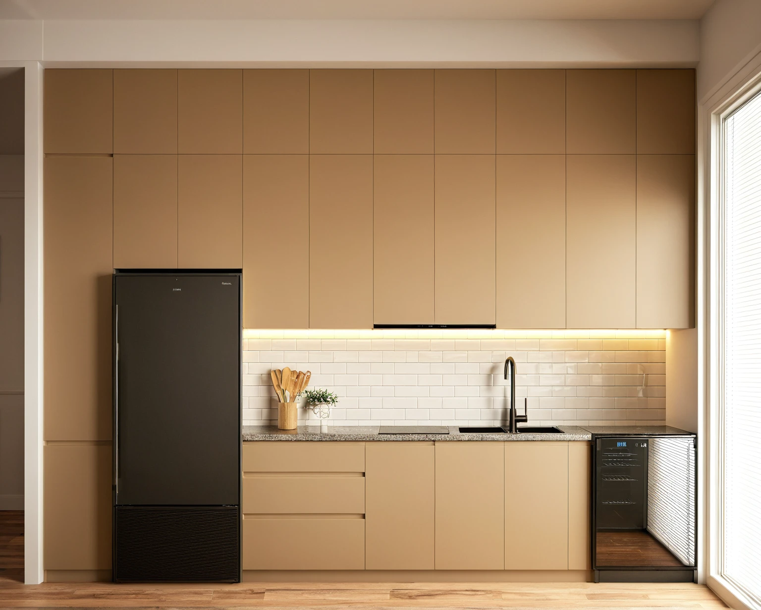 Raw photo,Masterpiece, high quality, best quality, authentic, super detail, interior, KITCHEN CABINETS style modern, sunset, day light, HIGH CEILING KITCHEN CABINETS, REFRIGERATOR, INDUCTION KITCHEN, EXHAUST, GRAY AND WOODEN TONES