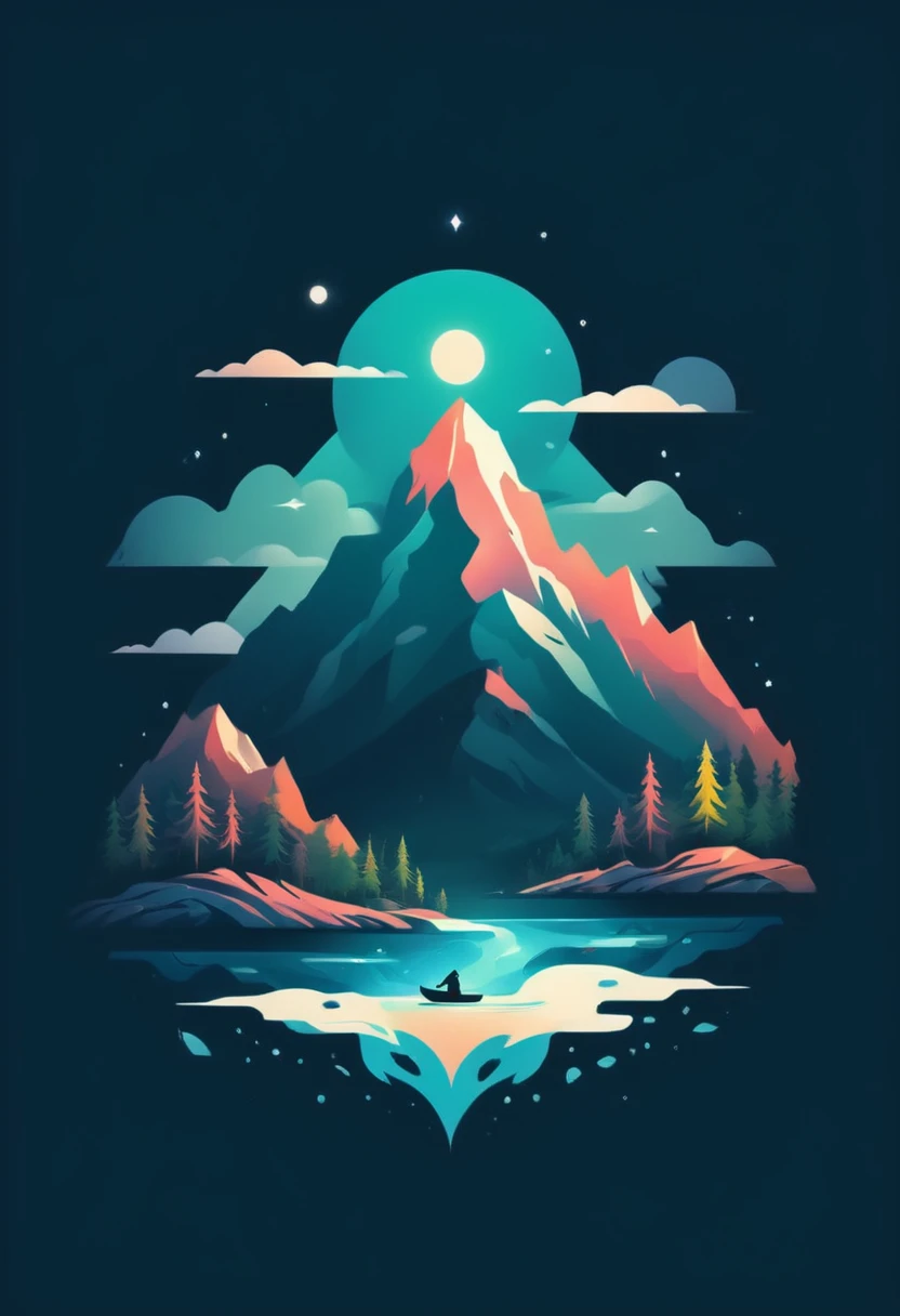 T-shirt design, Impressive mountain、Painting of trees and water, a meticulous by Petros Afshar, Shutterstock competition winner, Environmental Art, meticulous, Silhouette Art, 2D Game Art, Background of the logo