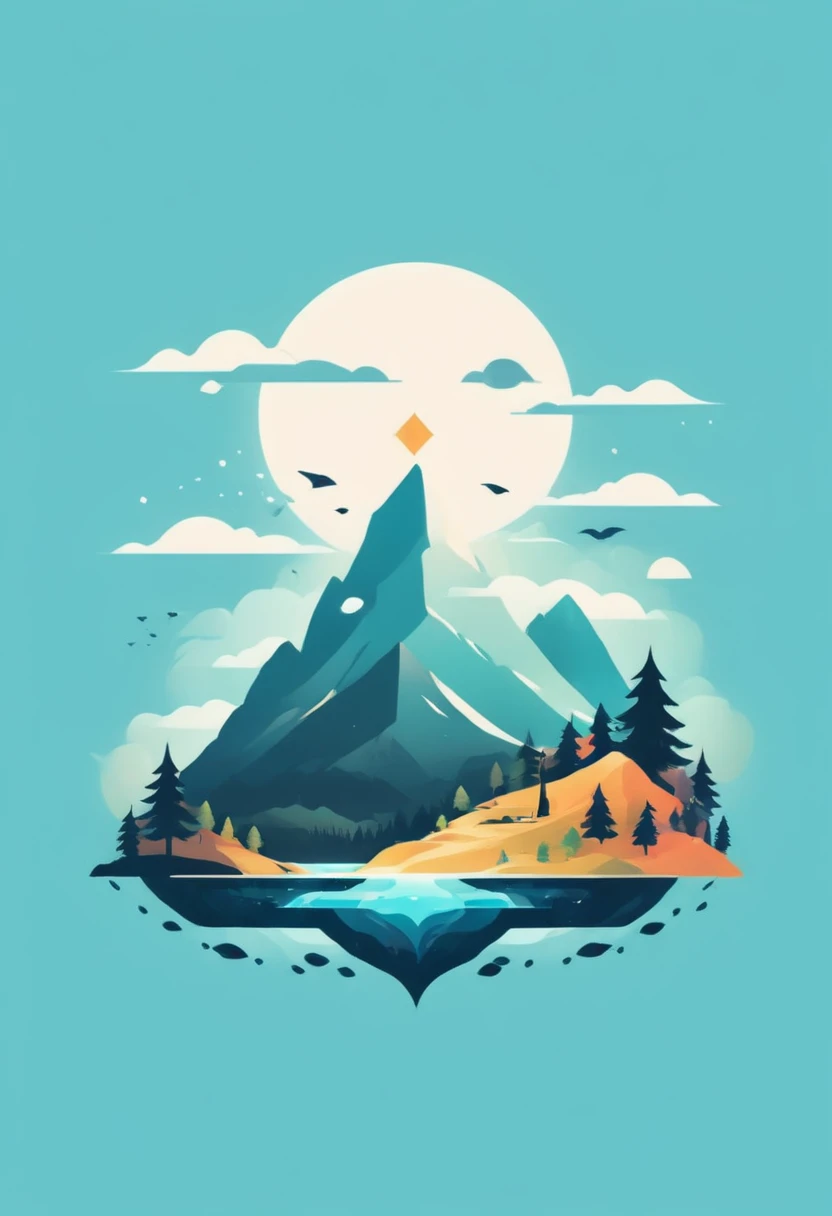 T-shirt design, Impressive mountain、Painting of trees and water, a meticulous by Petros Afshar, Shutterstock competition winner, Environmental Art, meticulous, Silhouette Art, 2D Game Art, Background of the logo