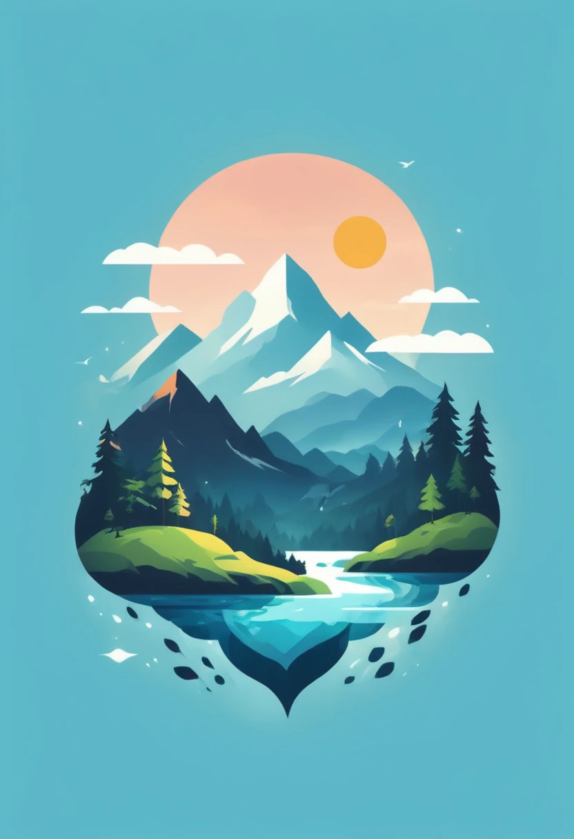 T-shirt design, Impressive mountain、Painting of trees and water, a meticulous by Petros Afshar, Shutterstock competition winner, Environmental Art, meticulous, Silhouette Art, 2D Game Art, Background of the logo