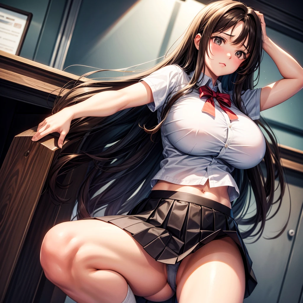 long dark hair / big tits / brown eyes/ lifts up her skirt, sweet innocent face, embarrassment 