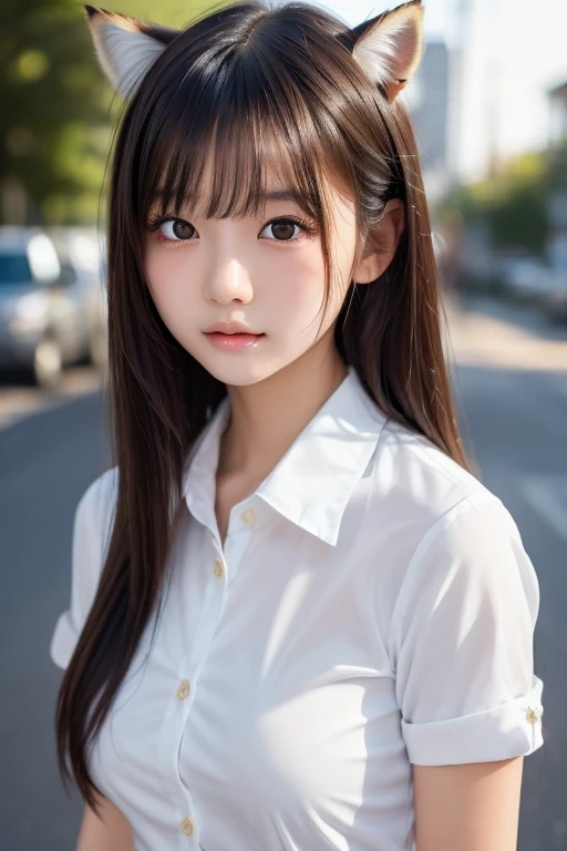 Tabletop, Highest quality, One girl, (Beautiful girl, cute:1.3), (15 years old:1.3), Definition of very fine particles, (Symmetrical eyes:1.3), Browsing Caution, Naked and wearing only a white shirt:1.3,(( Unbutton all buttons on your shirt))、(Small breasts), Brown eyes, (Fox Ears), Parted bangs, Brown Hair, girl