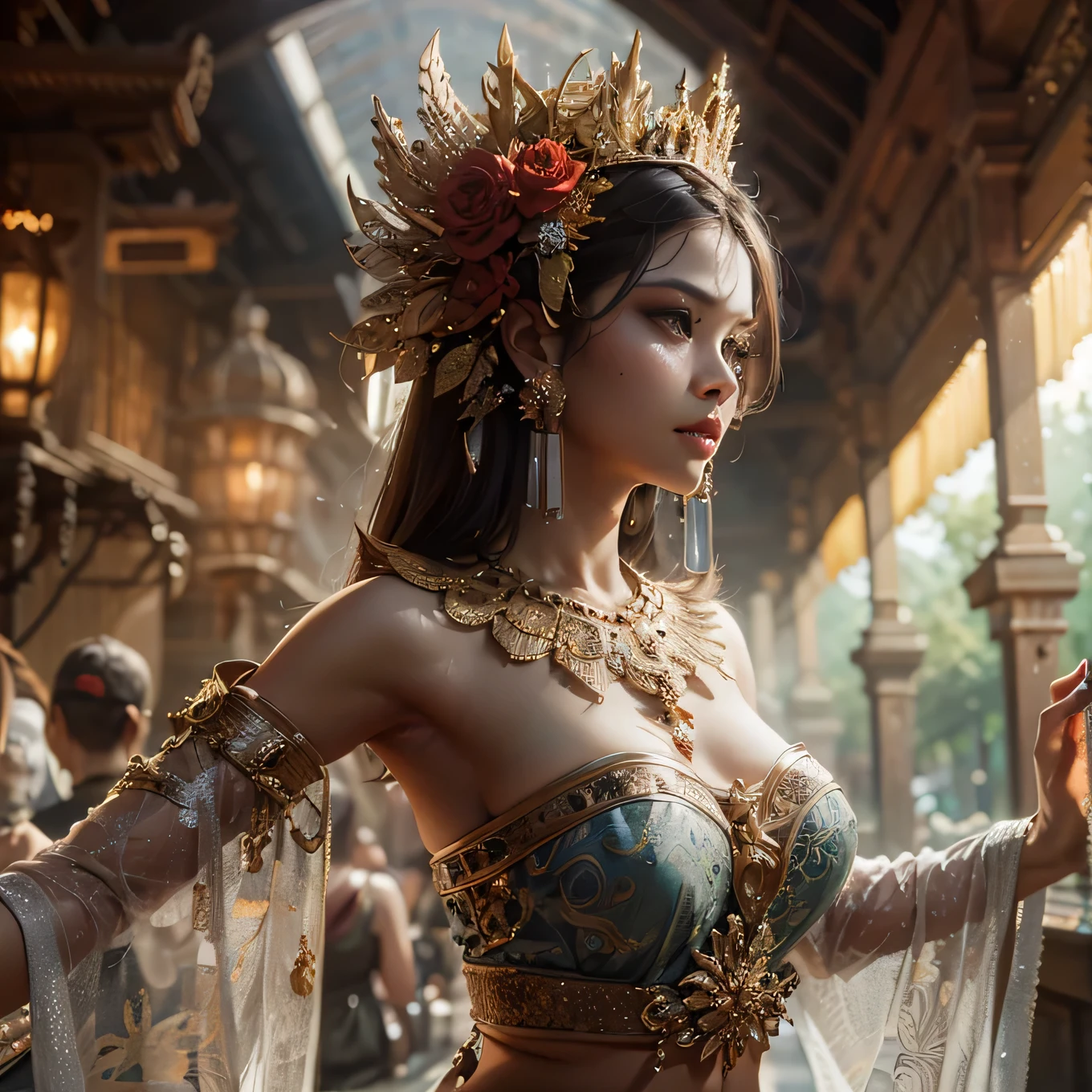 arafed woman with medium breast in a costume with a red flower in her hair, deviantart artstation cgscosiety, devianart and cgsociety, stunning cgsociety, thailand art, [ trending on cgsociety ]!!, trending in cgsociety, cgsociety contest winner!!, digital fantasy art ), dawn cgsociety, high definition cgsociety, cgsociety contest winner!!!, masterpiece, best quality:1.2),,(8k,highres,RAW photo,realistic,photo-realistic:1.3),(detailed skin texture,detailed cloth texture,beautiful detailed face:1.25),professional lighting,photon mapping,beautiful soft light,radiosity,physically-based rendering,raytracing, model shoot style, model shoot style, (extremely detailed CG unity 8k wallpaper), full shot body photo of the most beautiful artwork in the world