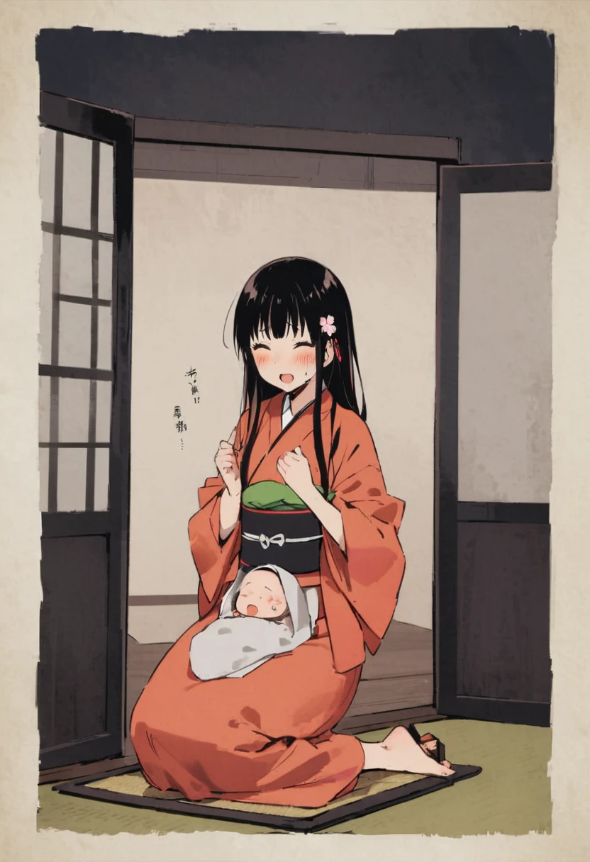 Zashiki-warashi、Japanese style、Shoji screen、tatami、Haunted House、darkness、Late Night、kimono、Bob、Girl、Girl、Younger、Baby Face、flat chest、Black Long Hair、Dynamic Angle、So cute I could cry、ball、Flower Hair Ornaments、Geta or bare feet