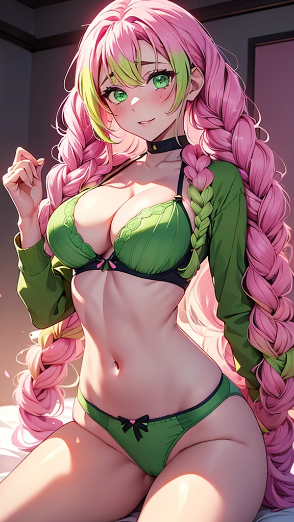 (mature woman), kanroji mitsuri, mitsuri kanroji, mitsuri (anime: demon slayer), female character kanroji mitsuri, long braided hair, long hair, long gradient hair pink to green, multicolored hair pink to green, pink hair, twin braids, two-tone hair, braid, gradient hair (pink to green), hair pink to green, gradient hair, perfect green eyes, green eyes, beautiful eyes, perfect figure, feminine body, great breasts, good body, wearing(pink underwear, pink panties, pink bra), pink bra, pink panties, panties & bra, bra, panties, pink underwear, 8k image, perfect image, masterpiece, extremely detailed, best quality,
