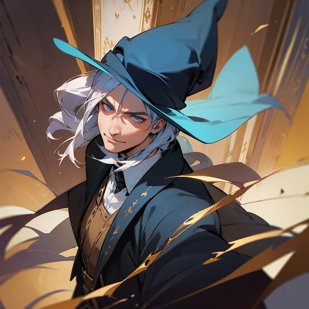 Senior man(Medieval European Magicians),Wearing a wizard's hat,Wearing a Black Mage's Robe,holding staff,Stand in a magic circle,Magical Liberation,Surrounded by light and darkness。Medium shot composition,Full body photo,Characters and scenes,Anime illustration style,Watercolor style,High resolution,4K。