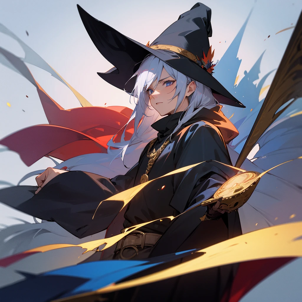 Senior man(Medieval European Magicians)，Wearing a wizard's hat，Wearing a Black Mage&#39;s Robe，holding staff，Stand in a magic circle，Magical Liberation，Surrounded by light and darkness。Medium shot composition，Full body photo，Characters and scenes，Anime illustration style，Watercolor style，High resolution，4K。
