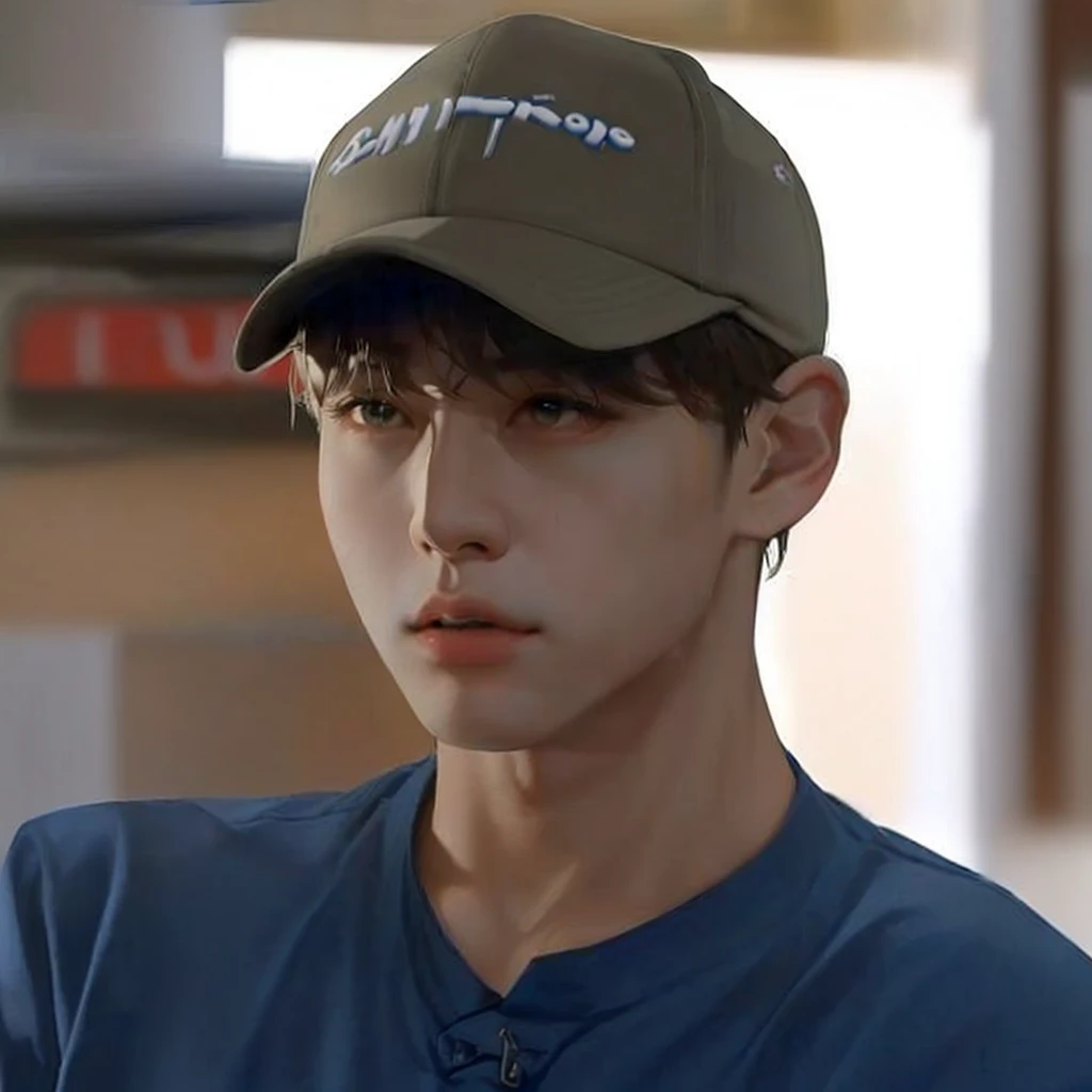 a closeup of a person wearing a hat and blue shirt, kim doyoung, jungkook, Wearing a baseball cap, wearing baseball cap, kim taejin, inspired by Kun Can, jinyoung shin, Jimin\'s grecian nose, Wearing a baseball cap al revés, hyung tae, cai xukun, Wearing a baseball cap, he is wearing a hat