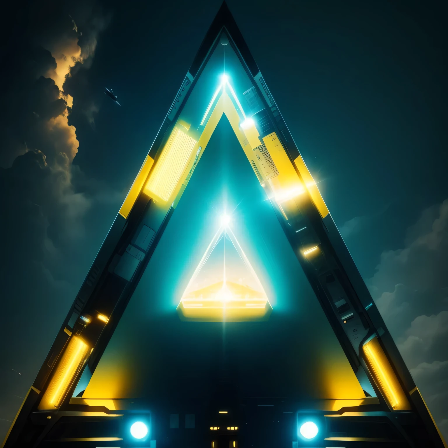 black and yellow coloured lights, yellow colour in the middle, yellow colour in the middle, yellow colour in the middle, triangle shaped spaceship in space, 1080, high resolution, focused every wear
