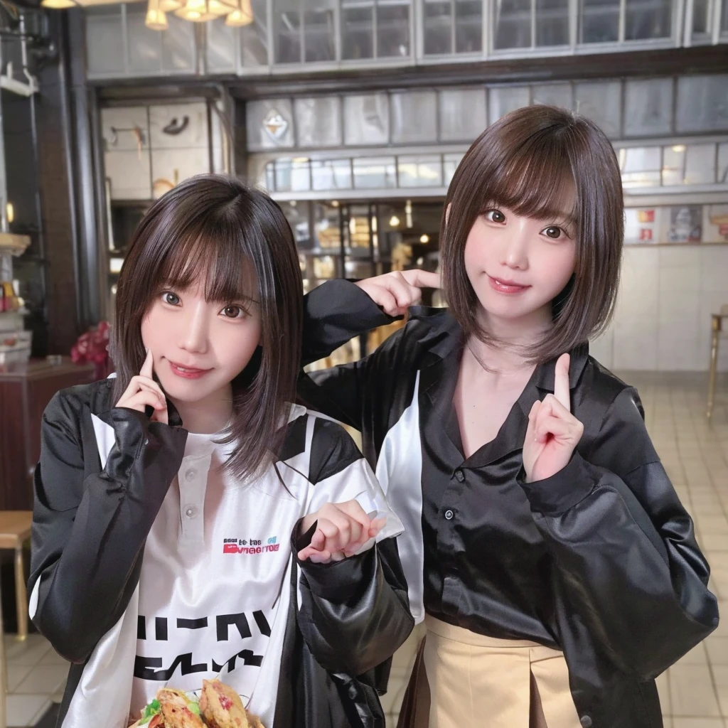A confident smile, Taking a photo at a restaurant on the way home from school,They seem to enjoy themselves,短いBlack Hair, Brown eyes,Brown Skin,2 students、Use a gesture commonly associated with the peace sign while speaking (Tele from the restaurant), skirt, Black Hair, indoor, meal, shirt, ((((Complete faithful finger))))