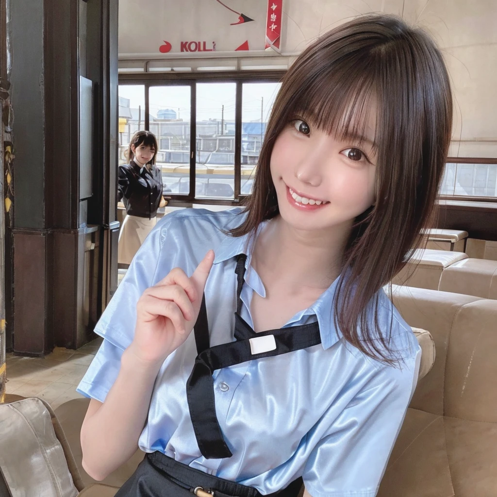A confident smile, Taking a photo at a restaurant on the way home from school,They seem to enjoy themselves,短いBlack Hair, Brown eyes,Brown Skin,2 students、Use a gesture commonly associated with the peace sign while speaking (Tele from the restaurant), skirt, Black Hair, indoor, meal, shirt, ((((Complete faithful finger))))
