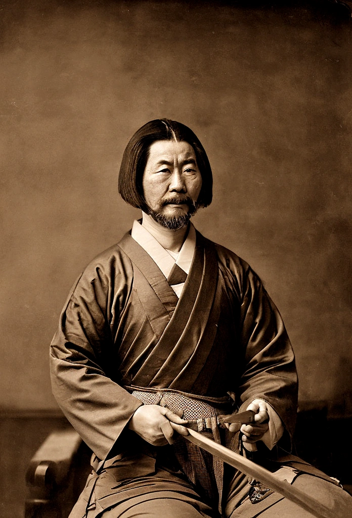 "Portrait of Yoshida Shoin, a Japanese samurai from the Edo period, in a traditional study room, historical atmosphere."