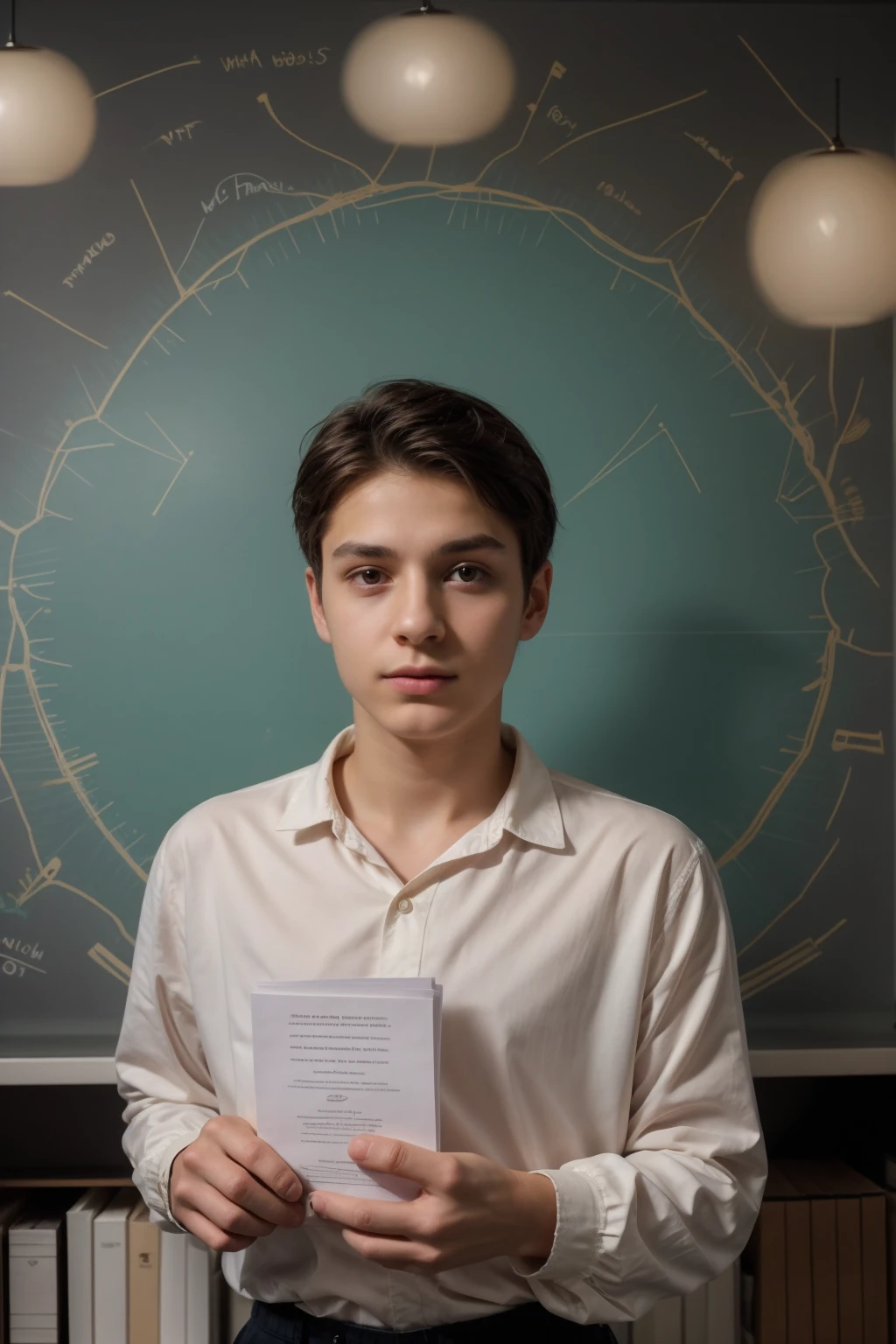 A beautiful young male twink, cute, with black hair, a face with reddish make-up, wearing a bright white long-sleeved shirt and aqua blue pants. He is in his office, and behind him is a blackboard on which is written the shape of the brain and its anatomy, from which nuclear energy emerges, and in his hand is a paper sheet with manuscripts on it.  The phrase “The Greatest Mind.”