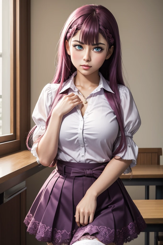 mouni roymafuyukirisu, mafuyu kirisu, blue eyes, braid, long hair, twin braids, pink hair, BREAK long sleeves, purple skirt, shirt, skirt, BREAK looking at viewer, BREAK indoors, classroom, BREAK (masterpiece:1.2), best quality, high resolution, unity 8k wallpaper, (illustration:0.8), (beautiful detailed eyes:1.6), extremely detailed face, perfect lighting, extremely detailed CG, (perfect hands, perfect anatomy),kirisu mafuyu in class, class time, black stocking, condom in lips, slut face, seducing eyes,boots, magical girl, pink skirt, puffy short sleeves, puffy sleeves, purple thighhighs, short sleeves, skirt, thight, thighhighs, black thick panties, angry face, hand on chest, invinsible bra straps
