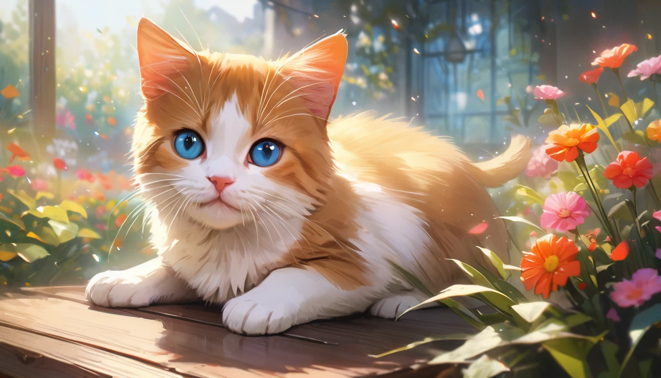 garden, Cute kitten,Blur the background,Glitter effect,Highest quality, 8K, High resolution, masterpiece:1.2, Very detailed, Realistic:1.37, High resolution, 超High resolution, Ultra-fine painting, Very detailed, Professional, Vibrant colors