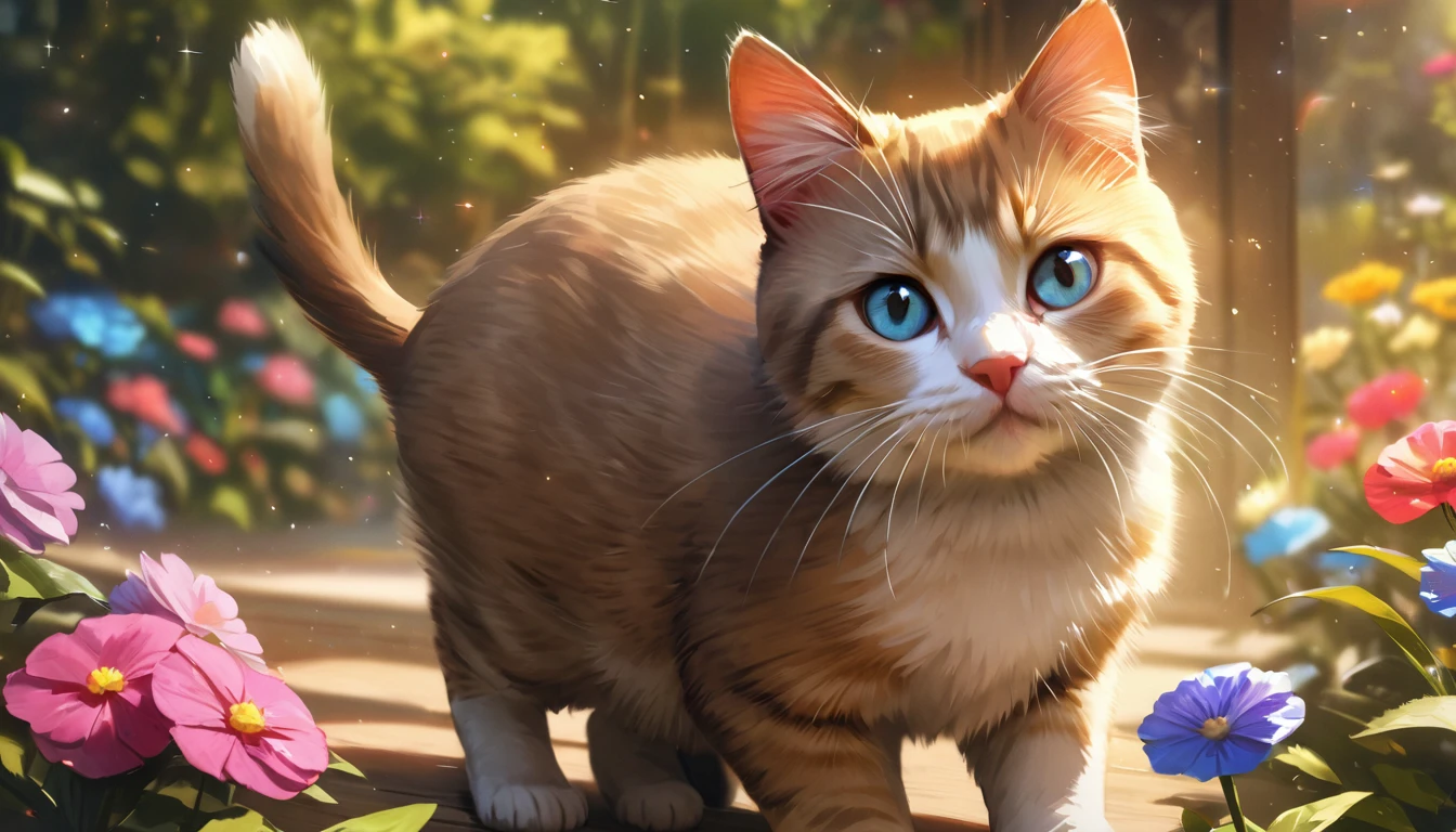 garden, Cute kitten,Blur the background,Glitter effect,Highest quality, 8K, High resolution, masterpiece:1.2, Very detailed, Realistic:1.37, High resolution, 超High resolution, Ultra-fine painting, Very detailed, Professional, Vibrant colors
