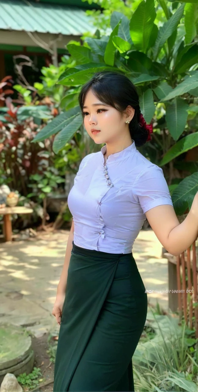 (best quality),(masterpiece), (extremely detailed 8K wallpaper),ultra-detailed,cinematic lighting, detailed light, best shadow, dynamic angle, 1 girl, beautiful, attractive, long hair, (((wearing acmmsayarma outfit, acmmsayarma white top with buttons, long sleeves, ((acmmsayarma green long skirt))), looking back over the shoulder, Burmese girl.