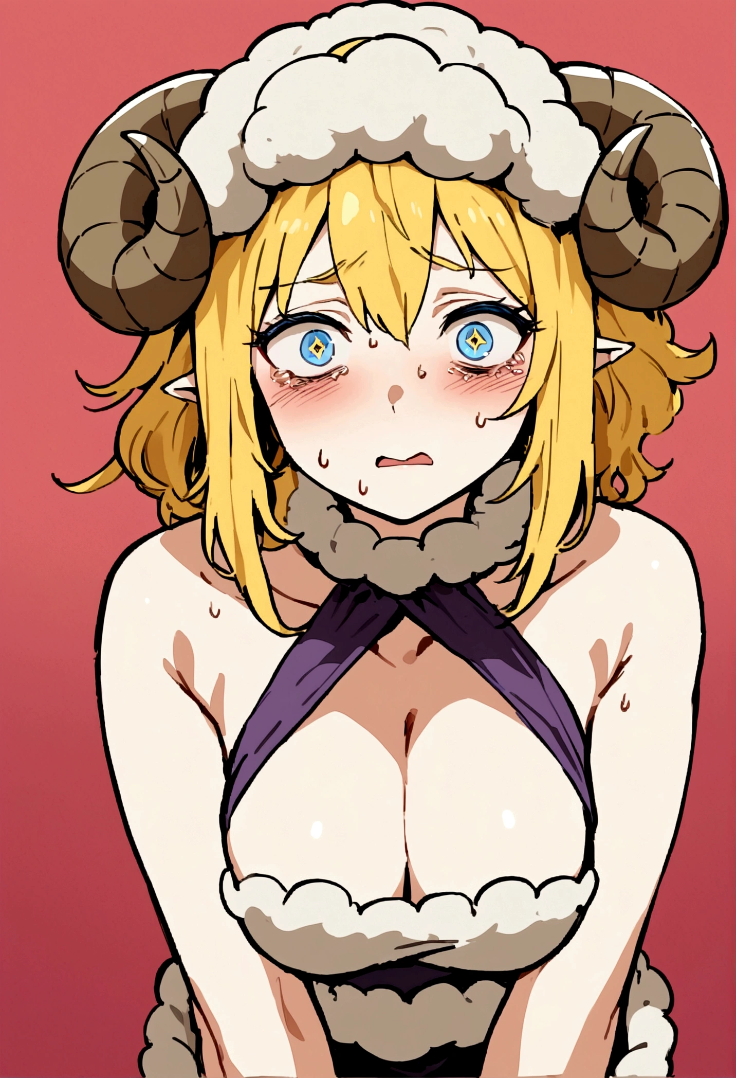 masterpiece, Highest quality, ((1 person)),Yellow Hair,Light blue eyes,Expression of agony,whole body,Manga style,Bob Hair,Purple landmine costume,Eyes that feel,((Danmachi style),Sheep horns on the head,Red corners of the eyes,