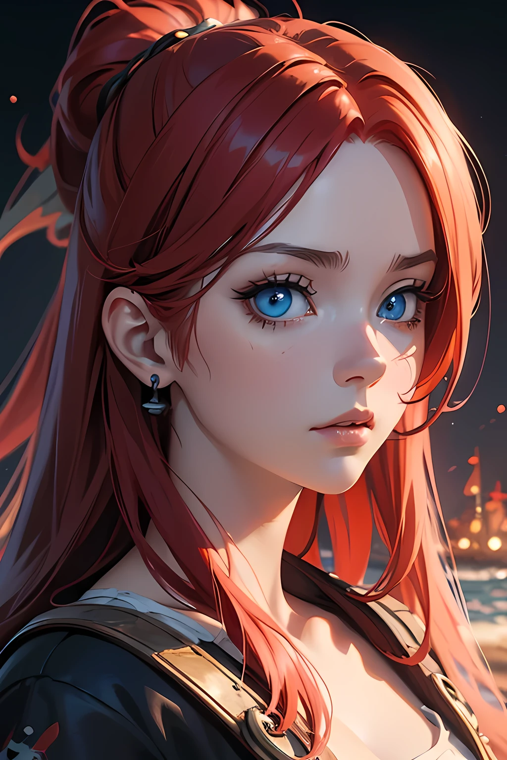 anime, (((portrait of daw))), a woman, (((a red hair))), (((blue eyes))), (((female pirate)), 8k, unreal engine, octane render, by kyun, gamang, Yoon Gon-Ji, g.ho, gosonjak, shuroop, serious, domi, noah, trending on pixiv, fanbox, skeb, masterpiece, smooth soft skin, big dreamy eyes, beautiful intricate colored hair, symmetrical, anime wide eyes, soft lighting, concept art, digital painting, tropical island