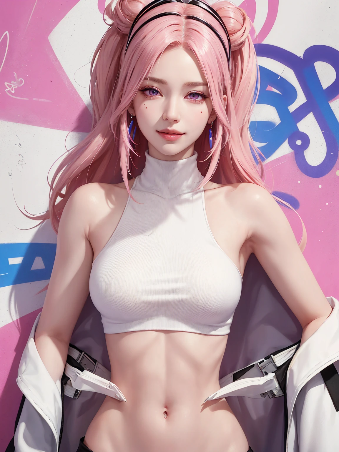 (Masterpiece, best quality, 1 girl, alone, complicated details, Chromatic aberration), realistic, ((Moderate breath)),long hair, pink hair, Red headpiece, Pink Highlights, hair on one eye,purple eyes, earring, sharp eyes, choker, Neon coat, She wears a collar, bangle, and kimono style garters., crop top, (symmetrical eyes),(Perfect symmetrical body),against the wall, Brick wall, (colorful graffiti words on the wall:1.2), The light is dim., alley ,Look at the viewer.、Dig the chest、smile、(sleeveless、Navel touch、Fitted turtleneck.)、street string hot pants、Thin bottom、Please build above the eaves..、Thin shoulders、in sportbar、