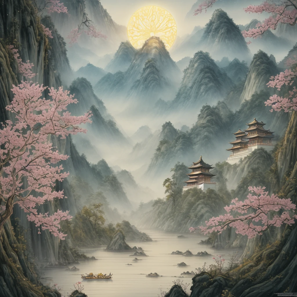 Ancient Chinese Ornate Embroidery Silk Art，Chinese，Chinese Zen Tea Culture and Art，ancient china art style，Fresh color tone，There are several white orchids in a white jade vase，gold embroidery，In line with ancient Chinese aesthetics，（tmasterpiece，high high quality，Highest image quality），wealthy，Noble，China-style，National style beauty，Gold and jade embellishments，The background  the setting sun，The scenery of great rivers and mountains in auspicious clouds，Ink blending，Light particle effects，Large game CG scenes，Oriental aestheticagnificent and majestic momentum，Auspicious and festive meaning，otherworldly atmosphere，Stunning graphics，Sophisticated details，Large commercial advertising style，Classical Chinese art，high-definition image，16k，Background bokeh，Deep view，OC rendering，Breathtakingly beautiful，majestic beauty，Quiet and elegant art，HD digital art，Gorgeous and exquisite illustrations，Chinese elements，The perfect combination of fantasy and reality，Rich picture layering，light painting blooming，light particle rendering，hyper realisitc，Bright, romantic and beautiful light，soft warm light，beautiful art，Ultra HD 8K，amazing beautiful wallpaperackground artwork，8K detailed painting, 8k high definition wallpaper illustration，high detailed digital art