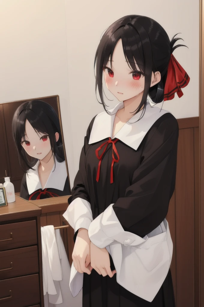 Black Hair、Red ribbon、Take off your panties、Blushing、Embarrassed、Dressing room at home、Upper body naked、Sweaty、Glamorous expression、